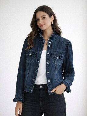 INC International Concepts Dark Blue Ruffled Jean Jacket